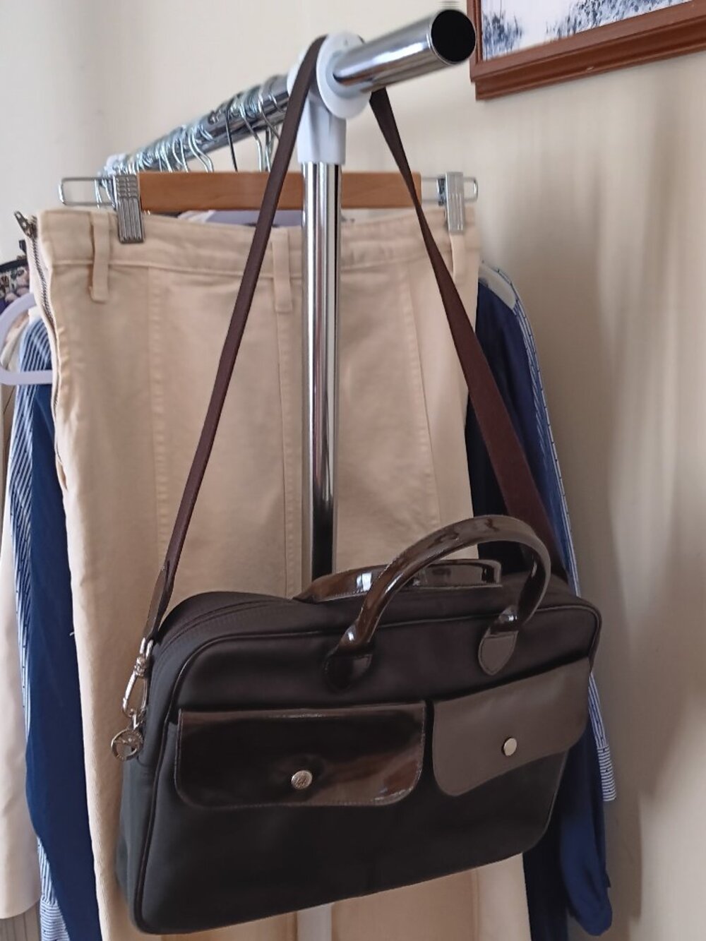 Longchamp Briefcase Brown Nylon Canvas & Patent Leather Pre-Loved MADE IN FRANCE